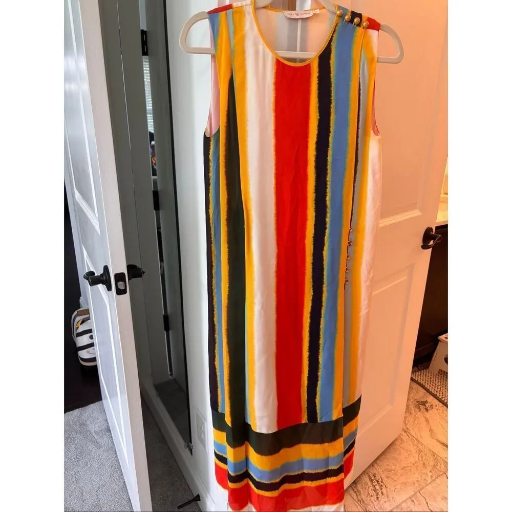 Tory Burch Bettina Silk Stripe Midi Dress | Colorblock Sleeveless Resort Mediter